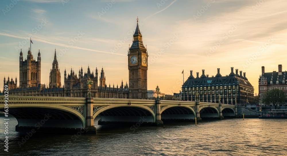 Naklejka premium London cityscape with clock tower and arched bridge over river at sunset