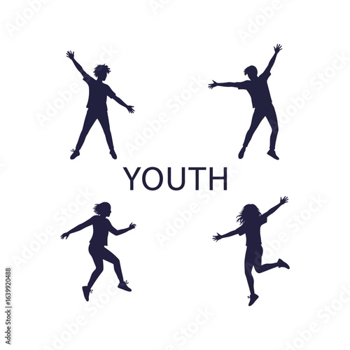 Silhouette of four joyful youths jumping expressing freedom and energy ideal for youthrelated projects