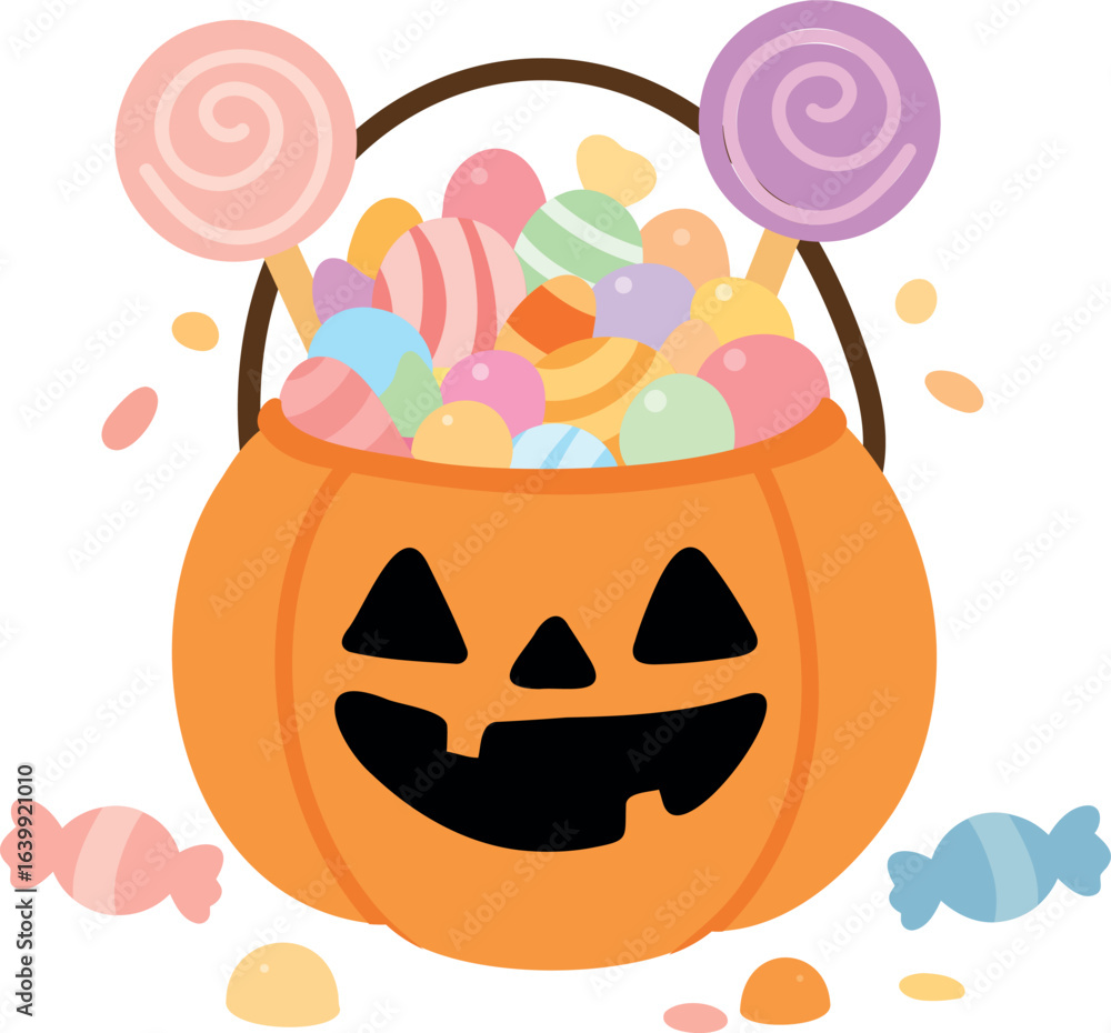 Fototapeta premium Cute vector pumpkin-shaped bucket overflowing with colorful candies and lollipops.