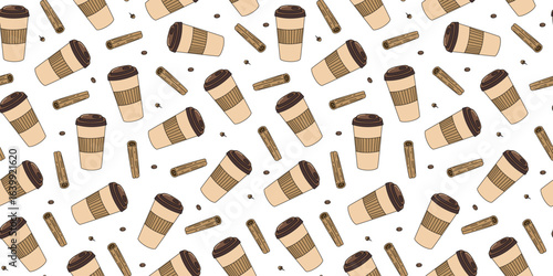 Disposable cup with coffee. Pattern. Food and drinks. Coffee bean, spices, cinnamon, cloves. Drawing, doodle. Seamless background.