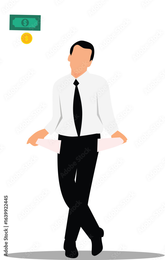 Fototapeta premium Illustration of a poor, unemployed businessman with no money, turning out his empty pockets. Concept of financial hardship and bankruptcy.