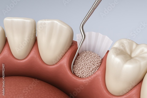 Dental bone grafting procedure with granules placed into tooth socket near front teeth illustration
