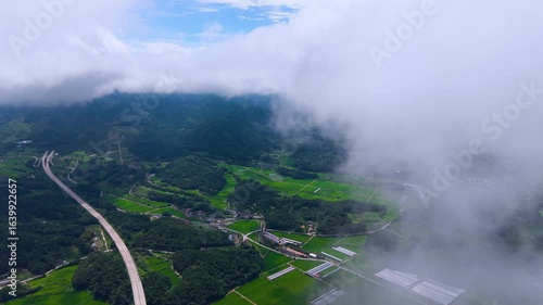 Aerial Drone View of Highway and Cars Driving Through Green Fields and Forest, with Vast Summer Landscape, Blue Sky, and Clouds for a Healing Scenery