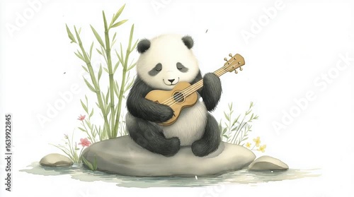 Adorable panda sitting on rock playing ukulele amid bamboo and wildflowers. Peaceful watercolor animal illustration symbolizing harmony and relaxation.
