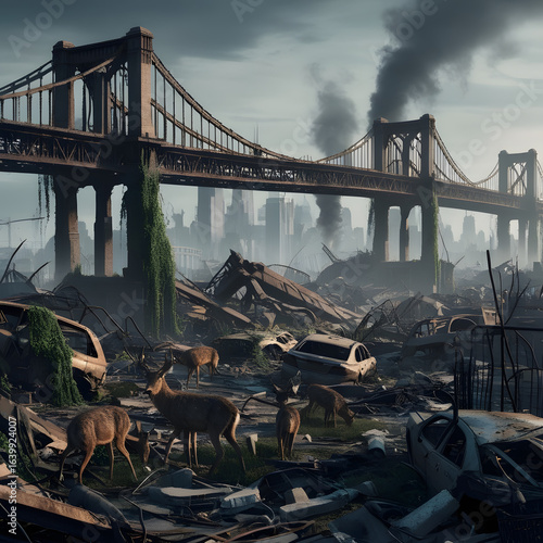 Deer standing on the street of the post apocalyptic city full of destroyed buildings. end of the world and dystopia concept, abandoned town, wasteland ruins after the storm. Ai generated image.
