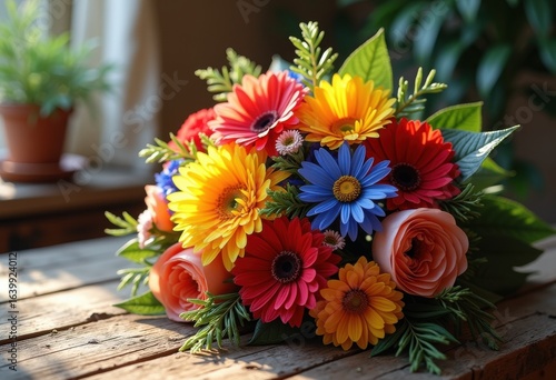 vibrant colorful flower bouquet artfully arranged rustic weathered wooden table capture natural beauty, arrangement, vase, petal, stem, nature, flora