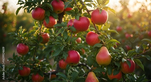 Sun-kissed apples and pears ripen on orchard branches