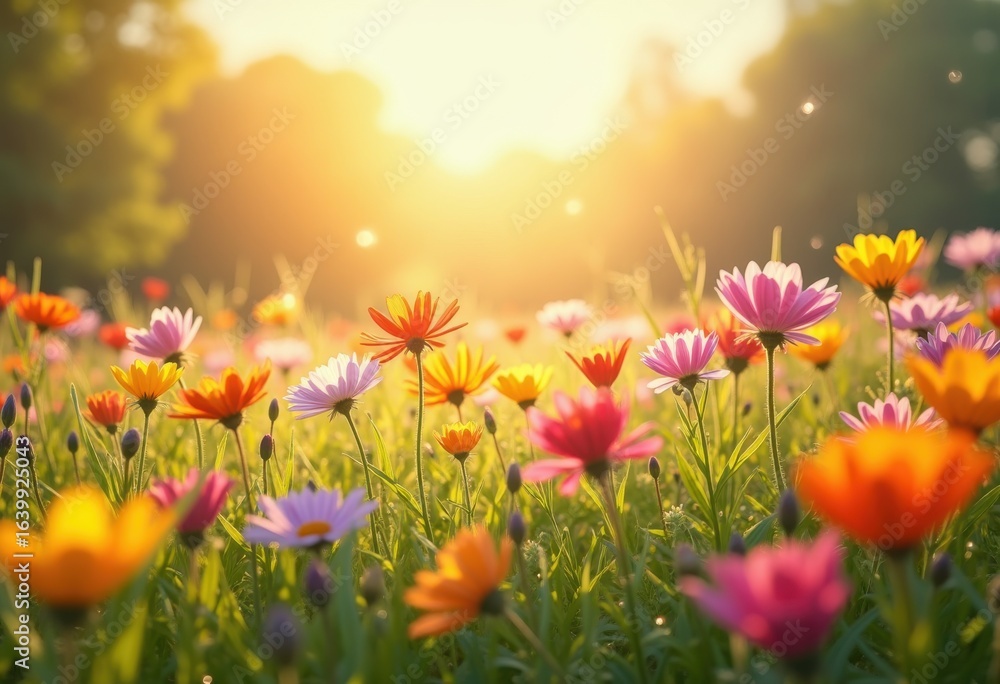 Naklejka premium vibrant colorful wildflowers blooming sunlit meadow nature field serenity blissful natural beauty, flora, spring, landscape, sunset, scene, grassy, botanical