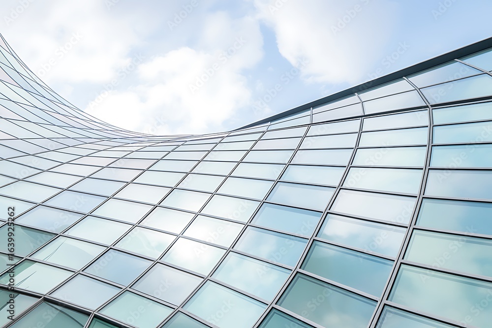 Fototapeta premium Modern Architectural Marvel of Glass and Steel Reflecting the Sky Futuristic Building Design with Geometric Patterns