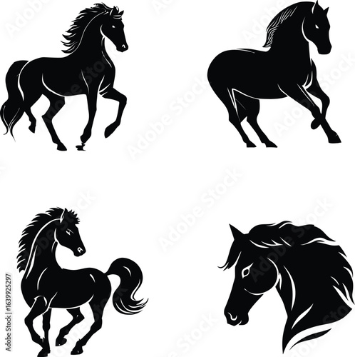 Collection of black horse silhouettes in various poses on a white background for design elements