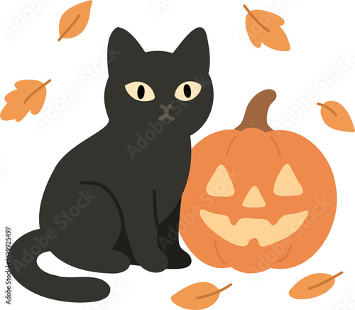 Minimal vector of black cat next to carved pumpkin lantern with falling leaves.