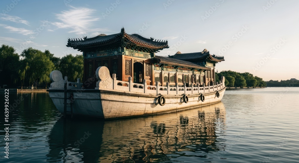 Fototapeta premium Ornate boat with pagoda-like roof reflects on still water, trees in the distance