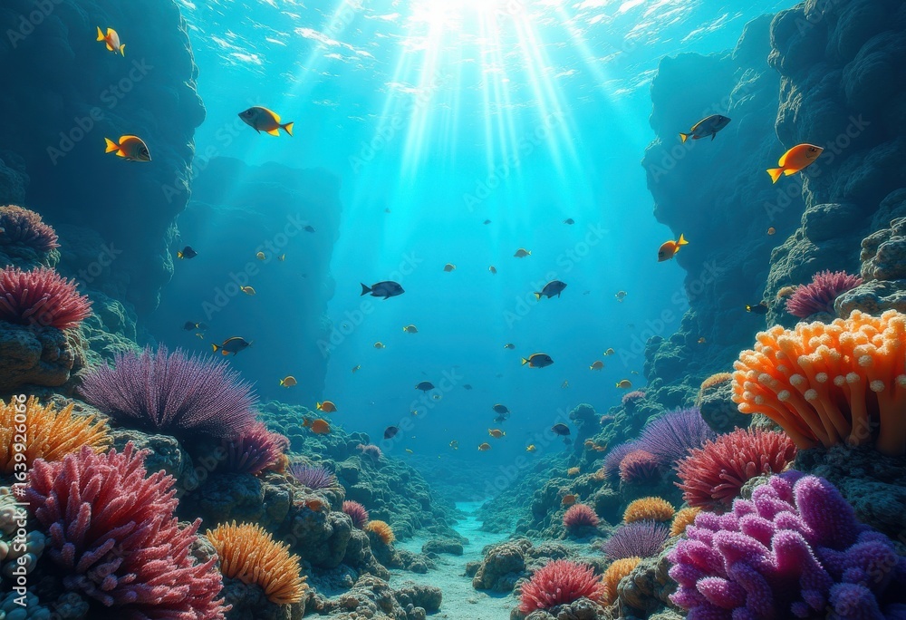 Naklejka premium vibrant coral reef underwater paradise colorful exotic fish swimming ocean life, fishing, marine, sea, tropical, species, school, aquatic, environment