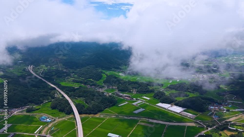 Aerial Drone View of Highway and Cars Driving Through Green Fields and Forest, with Vast Summer Landscape, Blue Sky, and Clouds for a Healing Scenery