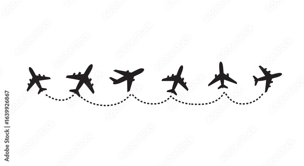 Naklejka premium Multiple airplane silhouettes flying in a dotted line path silhouette