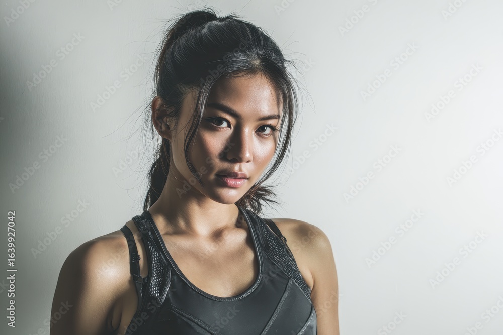 Naklejka premium Image of an Asian woman in athletic clothing against a white backdrop