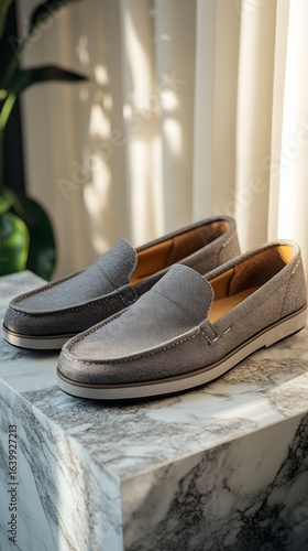 Stylish embossed leather loafer shoes for men on a marble surface
