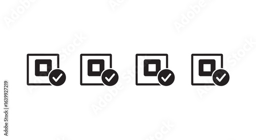 Four identical square icons with checkmarks in circles silhouette