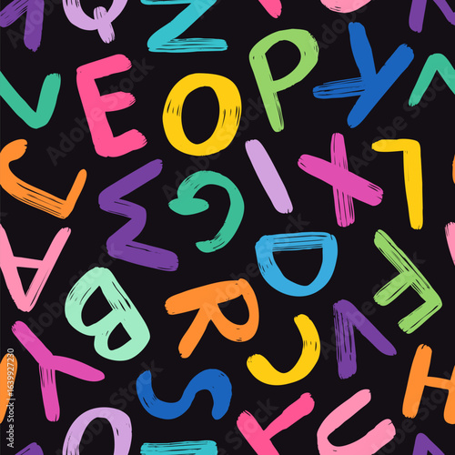 Colorful alphabet on dark background vector seamless pattern, Hand painted vibrant letters for kids designs, education resources
