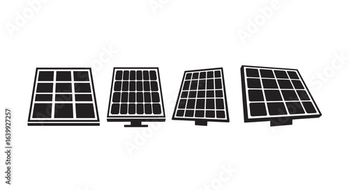 Four solar panels in silhouette on white background