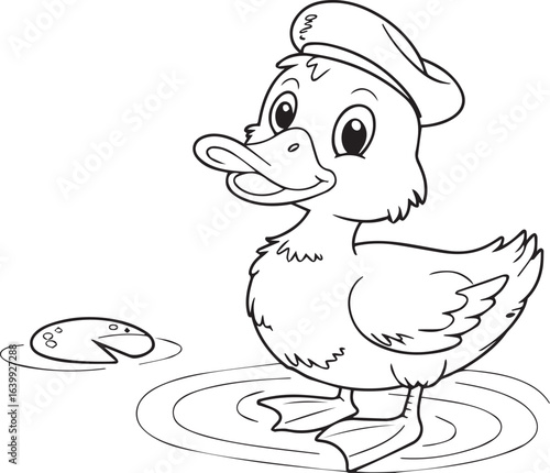 Adorable cartoon duckling wearing a chef hat standing on a lily pad