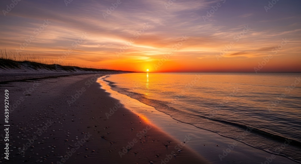 Naklejka premium Seaside sunset; sand beach with colorful sky reflecting on calm water