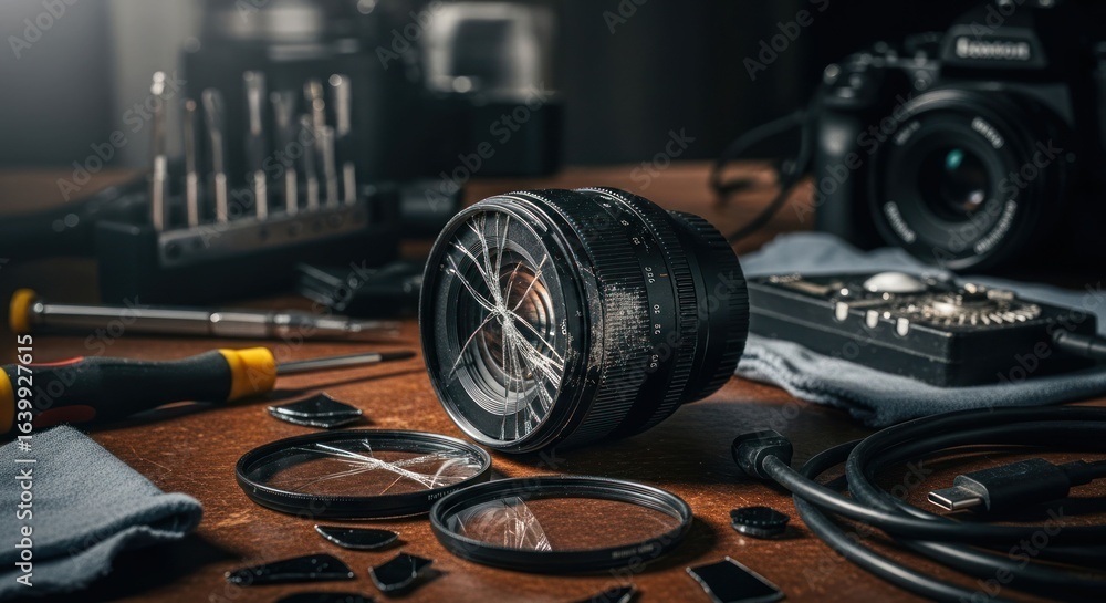 Fototapeta premium Shattered camera lens on a repair table with tools and second camera