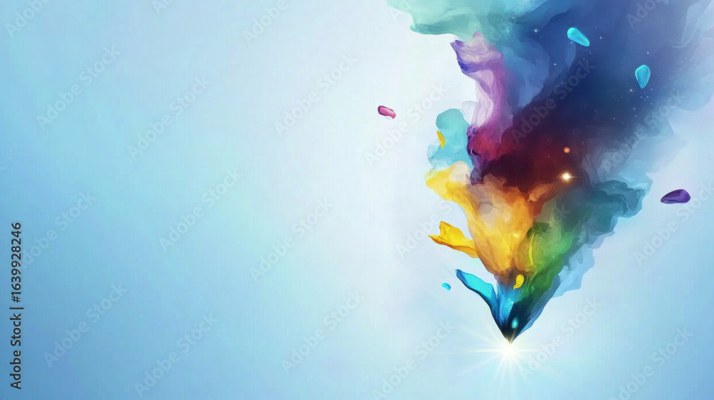 Obraz premium Vibrant abstract artwork featuring colorful nebula like cloud blending into light blue background, with dynamic splashes of color and glowing highlights creating sense of motion and energy