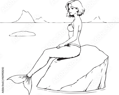 Artistic sketch of a mermaid sitting on a rock by the sea