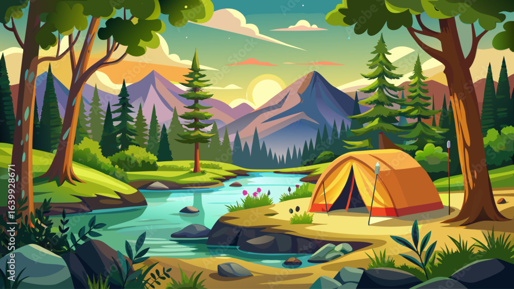 Naklejka premium Camping tent in a camping in a forest by the river, gentle breeze, sparkling water, soft sunlight, serene atmosphere, peaceful retreat, lush greenery, calm reflections, harmony with nature, tranquil e