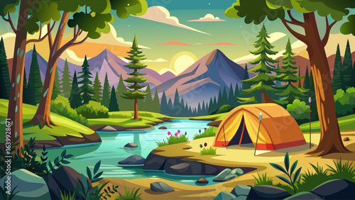 Camping tent in a camping in a forest by the river, gentle breeze, sparkling water, soft sunlight, serene atmosphere, peaceful retreat, lush greenery, calm reflections, harmony with nature, tranquil e