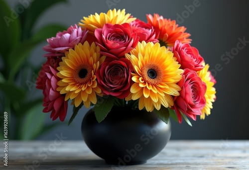 Wallpaper Mural vibrant floral bouquet arrangement contrast stark black vase colorful petals artistic display, nature, decoration, leaf, stem, home, garden, beautiful Torontodigital.ca