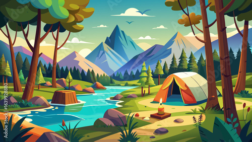 Camping tent in a camping in a forest by the river, gentle breeze, sparkling water, soft sunlight, serene atmosphere, peaceful retreat, lush greenery, calm reflections, harmony with nature, tranquil e