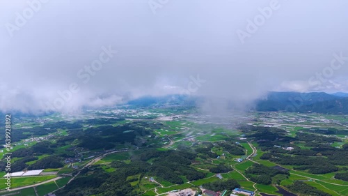 Aerial Drone View of Highway and Cars Driving Through Green Fields and Forest, with Vast Summer Landscape, Blue Sky, and Clouds for a Healing Scenery