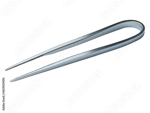 A sleek, metallic pair of tweezers, angled diagonally