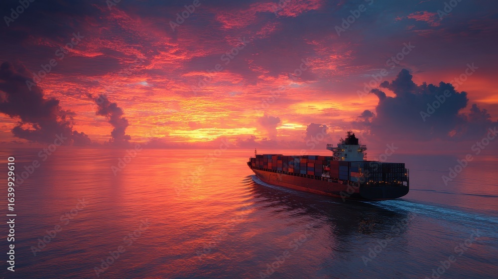 Cargo ship at sea sailing into dramatic sunset with colorful sky and water Cargo ship at sea sailing into dramatic sunset with colorful sky and water