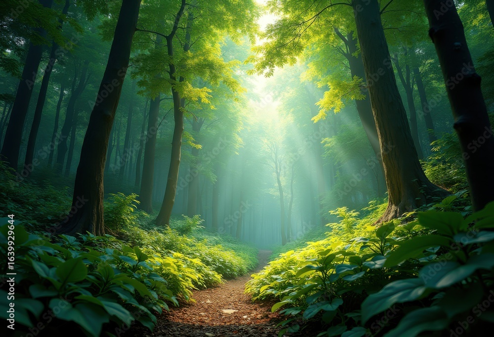 Obraz premium vibrant forest canopy dappled sunlight nature lush greenery enchanting wilderness luminescent flora, trees, broadleaf, leaf, shade, foliage, underbrush