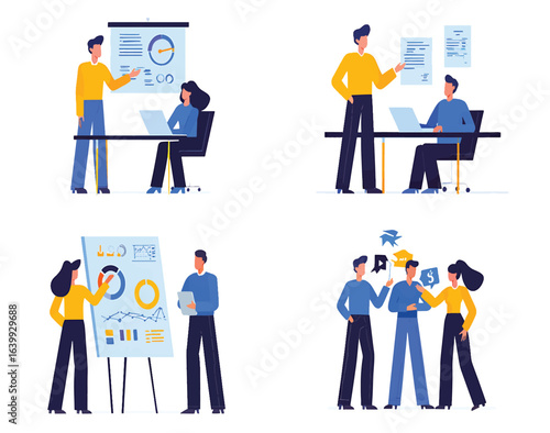 Vector set of business people collaborating, presenting data, and planning goals