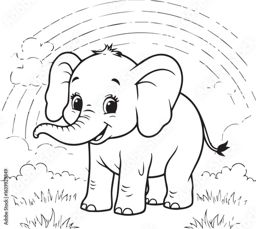 Adorable baby elephant with a rainbow in the background coloring page