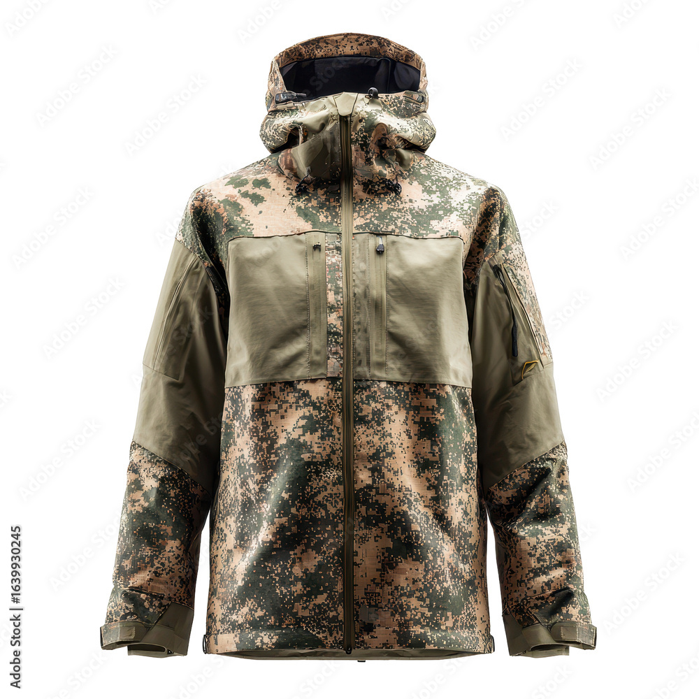 Naklejka premium Stylish camouflage jacket designed for outdoor activities in varied terrains and weather conditions