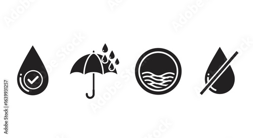 Four water related icons including a check mark in a drop umbrella with rain waves in a circle and a drop with a slash silhouette