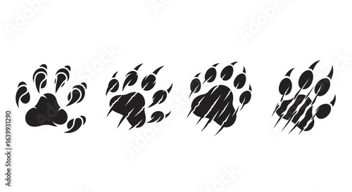 Collection of bear paw prints with claw marks silhouette