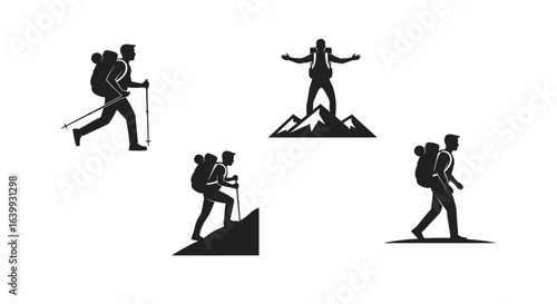 Collection of hikers with backpacks and trekking poles silhouette