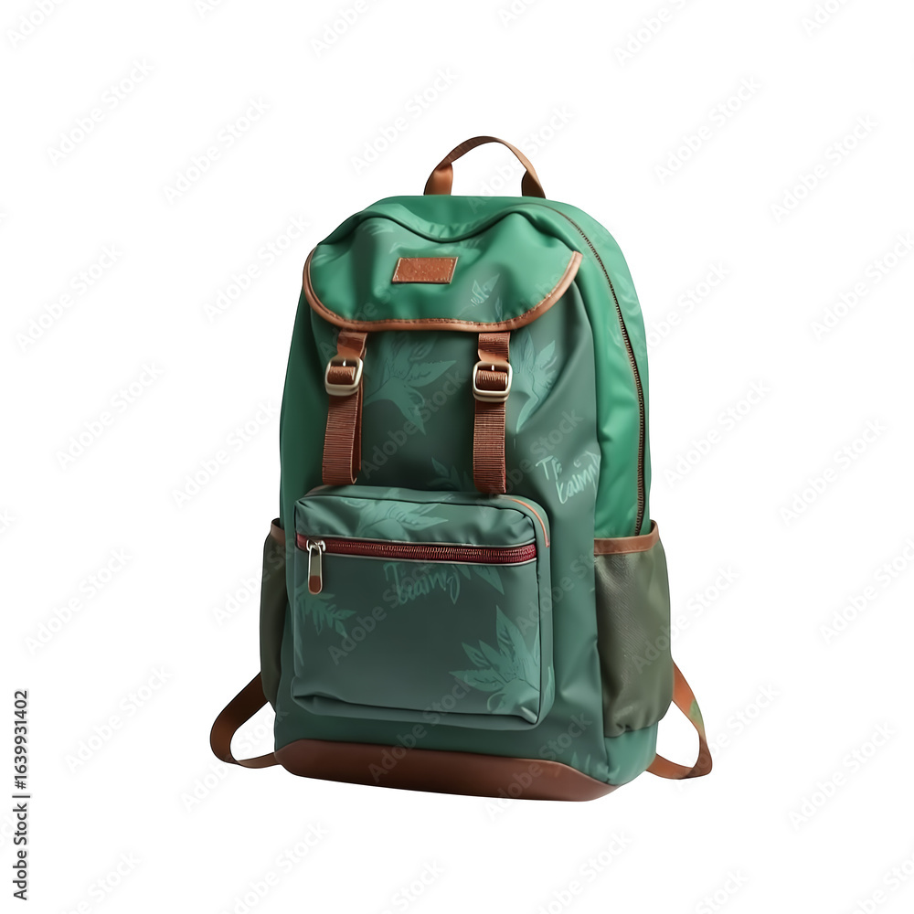 Fototapeta premium Stylish green canvas backpack with brown leather accents and buckles isolated on transparent background