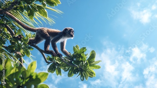 Spider monkey in tropical tree branches reaching into the forest canopy.