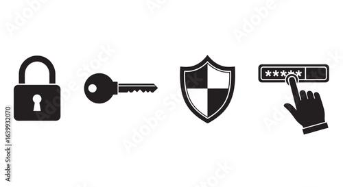 Security icons including lock key shield and password entry silhouette