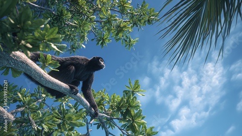 Spider monkey in tropical tree branches reaching into the forest canopy.