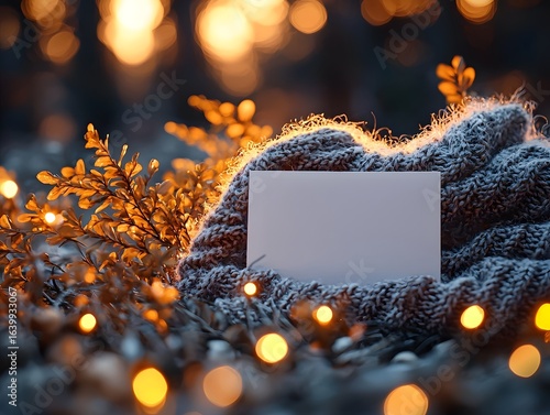 A cozy winter scene with a blank card surrounded by golden leaves and warm fairy lights