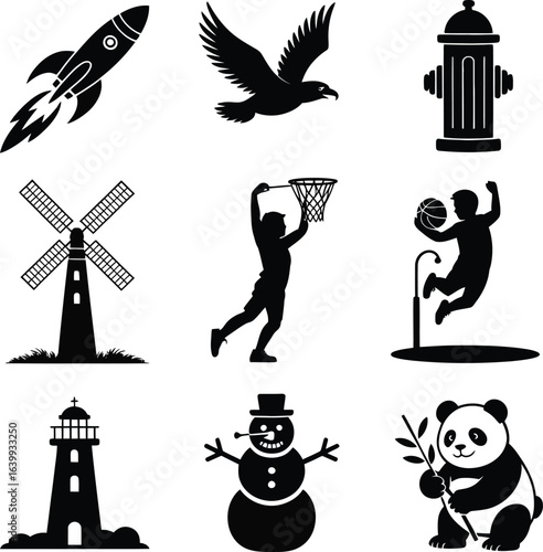 Silhouette collection of space transport animals and winter rocket spaceship