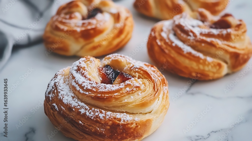Fototapeta premium Serving of Sweet Pastries with Fruit Filling and Powdered Sugar